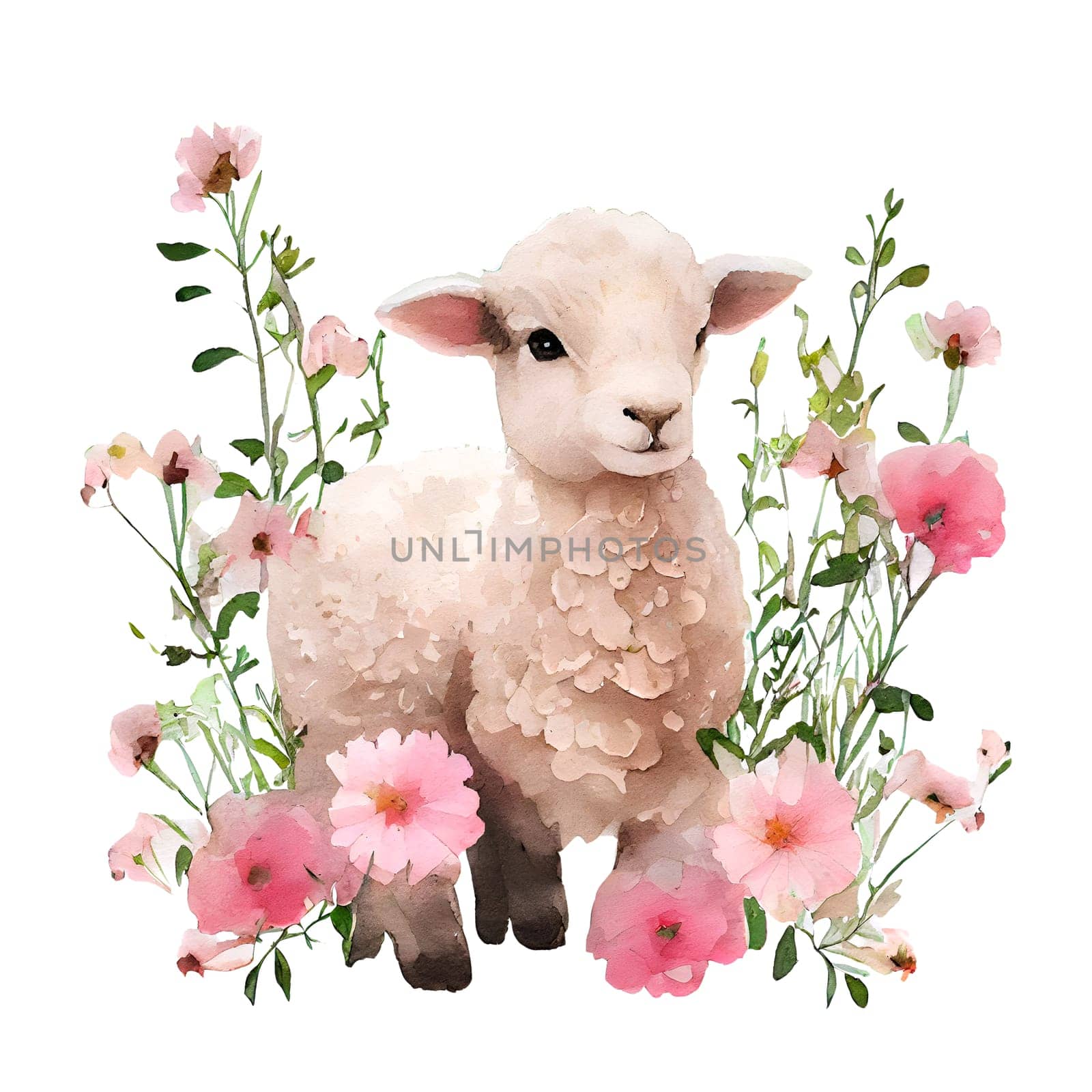 Cute baby lamb with pink flowers watercolor Illustration isolated on white. Generative AI by dreamloud