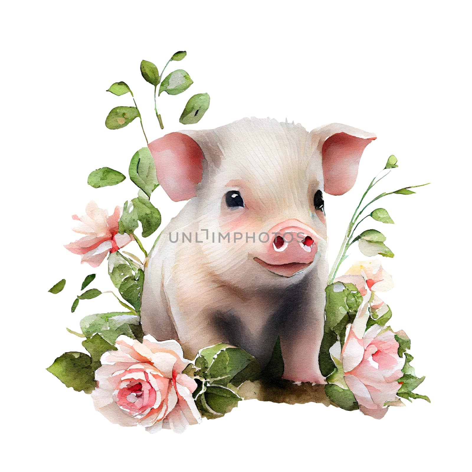 Cute baby pig with pink flowers watercolor Illustration isolated on white background. Generative AI