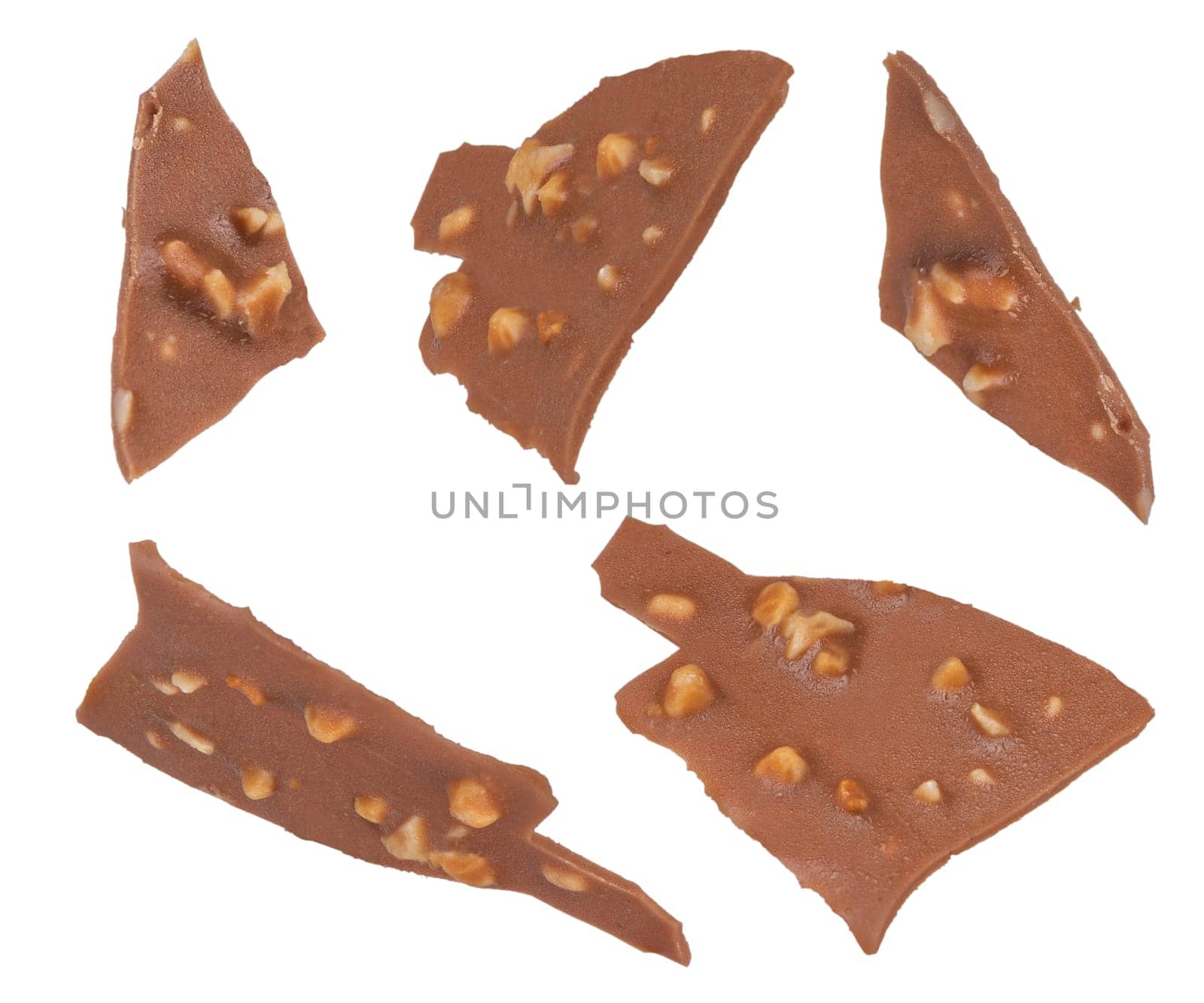Chocolate pieces of ice cream in glaze with nuts. Pieces of chocolate on a white isolated background. Suitable for pasting into a design or project