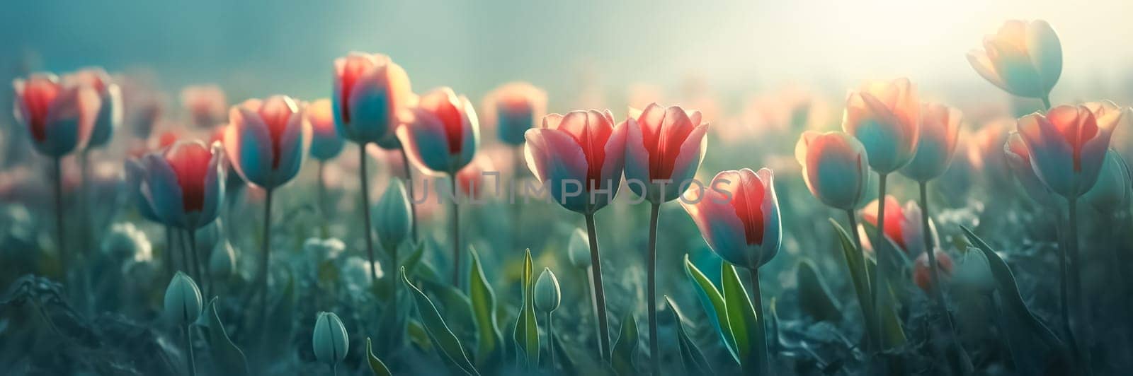 Beautiful field of orange and red tulips close up. Spring background with tender tulips. Floral background. Long spring banner by esvetleishaya