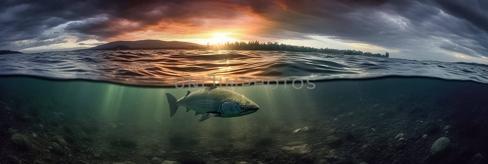 Sunset or sunrise on Island in ocean, abstract see environmental background. Long banner with view on under water life, deep blue water and palm trees on the shore.