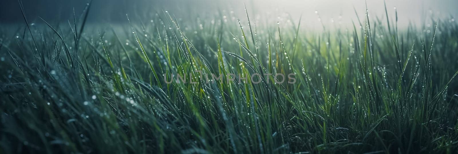 Beautiful long grass in dew and fog. Long banner with early morning grass. Juicy lush green blue grass on meadow with drops of water in morning in spring or summer outdoors panorama