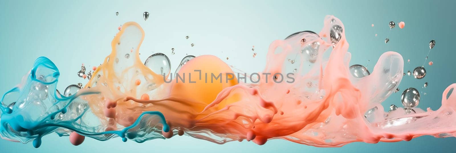 Colorful abstract water and paint splashes background. Water bubbles and paint toned in different colors. Water splashes and drops background. Generative AI. by esvetleishaya