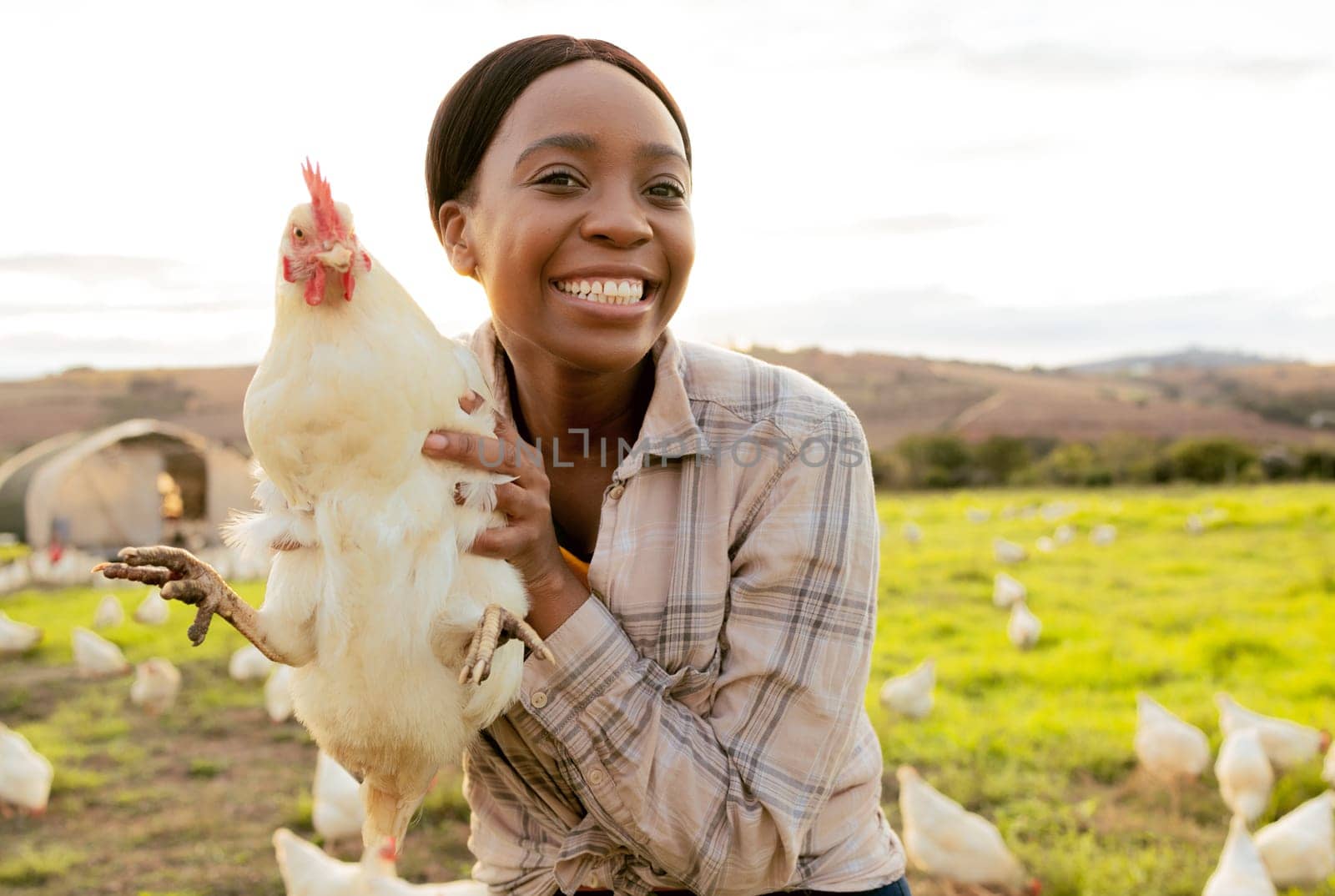 Chicken, farmer and smile in animal farming, agriculture and startup business outdoor in South Africa. Portrait, black woman and happy while working with animals on poultry farm with countryside life by YuriArcurs