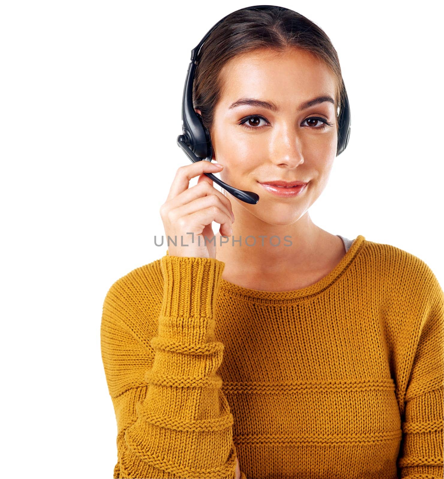 Call center, smile and portrait of woman isolated with consulting and communication on white background. Telemarketing, crm and girl in headset at help desk for customer service phone call in studio