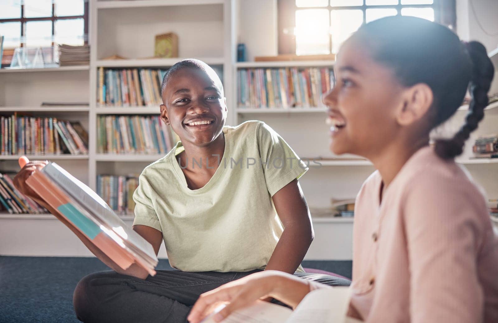 Reading books, african children or friends learning, education and creative storytelling in library group. Happy, portrait and school kid or classroom friends with English, knowledge and language.