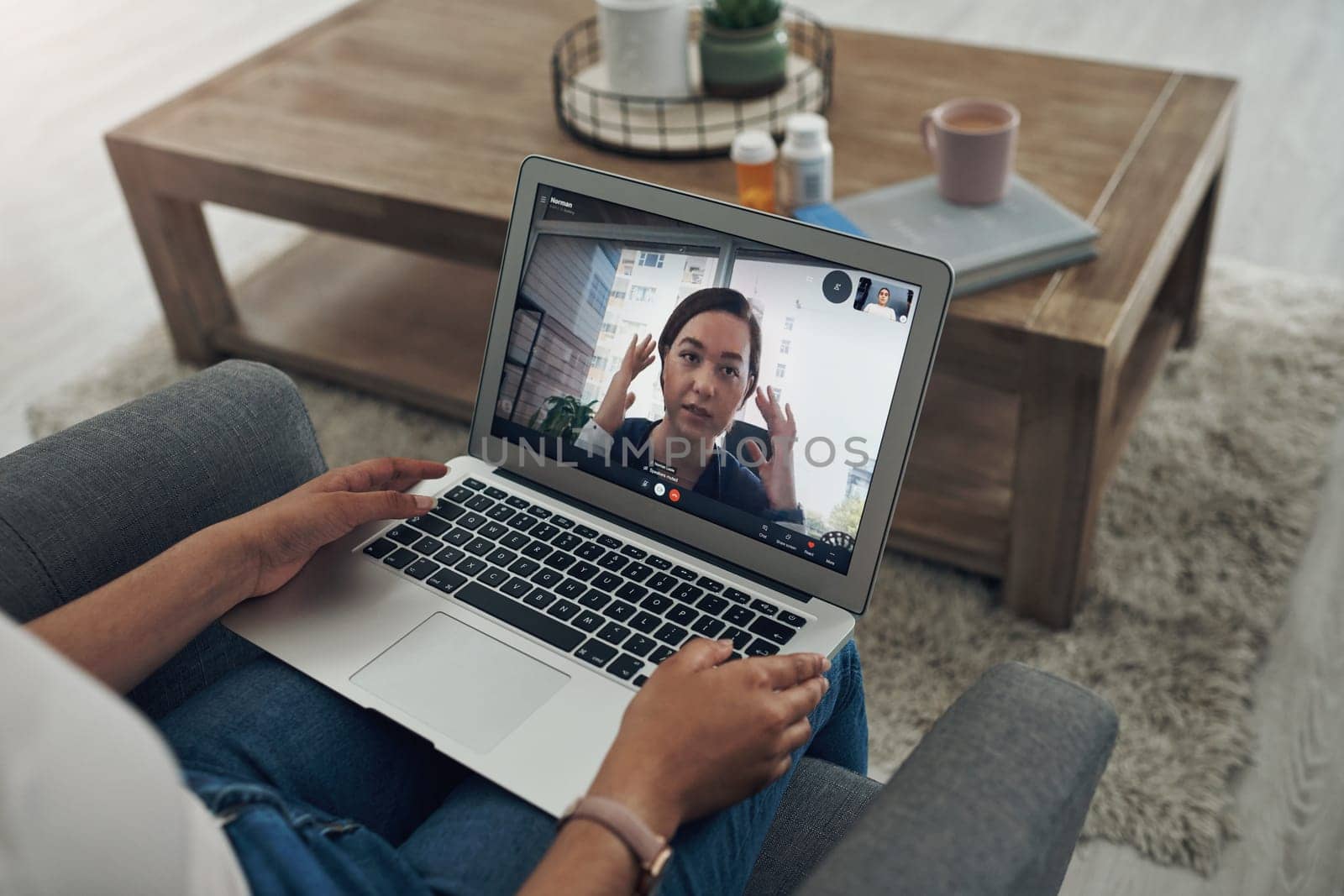 Laptop, telehealth consulting with a doctor and a patient in the home for virtual health or medical care. Video call, communication or remote with a person talking to a medicine professional online.