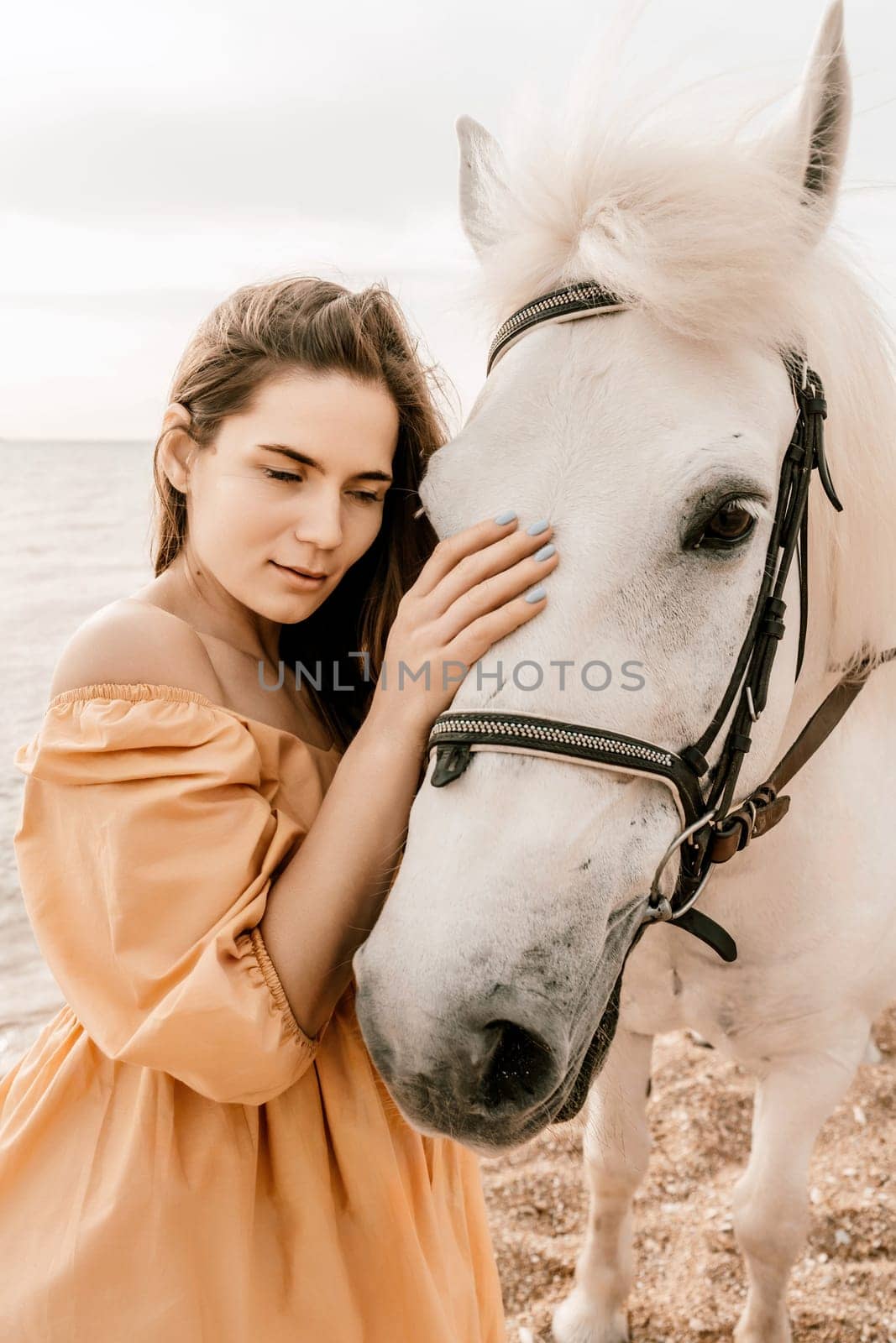 A woman in a dress stands next to a white horse on a beach, with the blue sky and sea in the background. by Matiunina