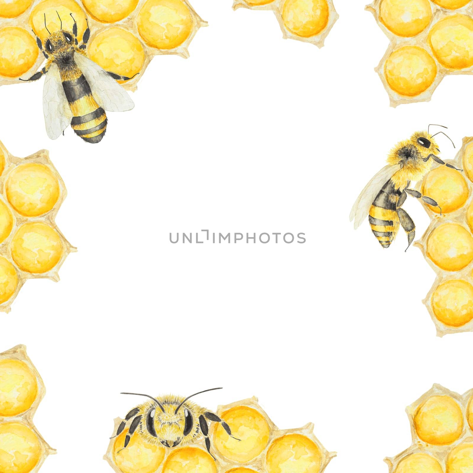 Watercolor illustration of honey and bees. Hand drawn background isolated on white background. Great for printing on fabric, postcards, invitations, menus, cosmetics, cooking books and others.