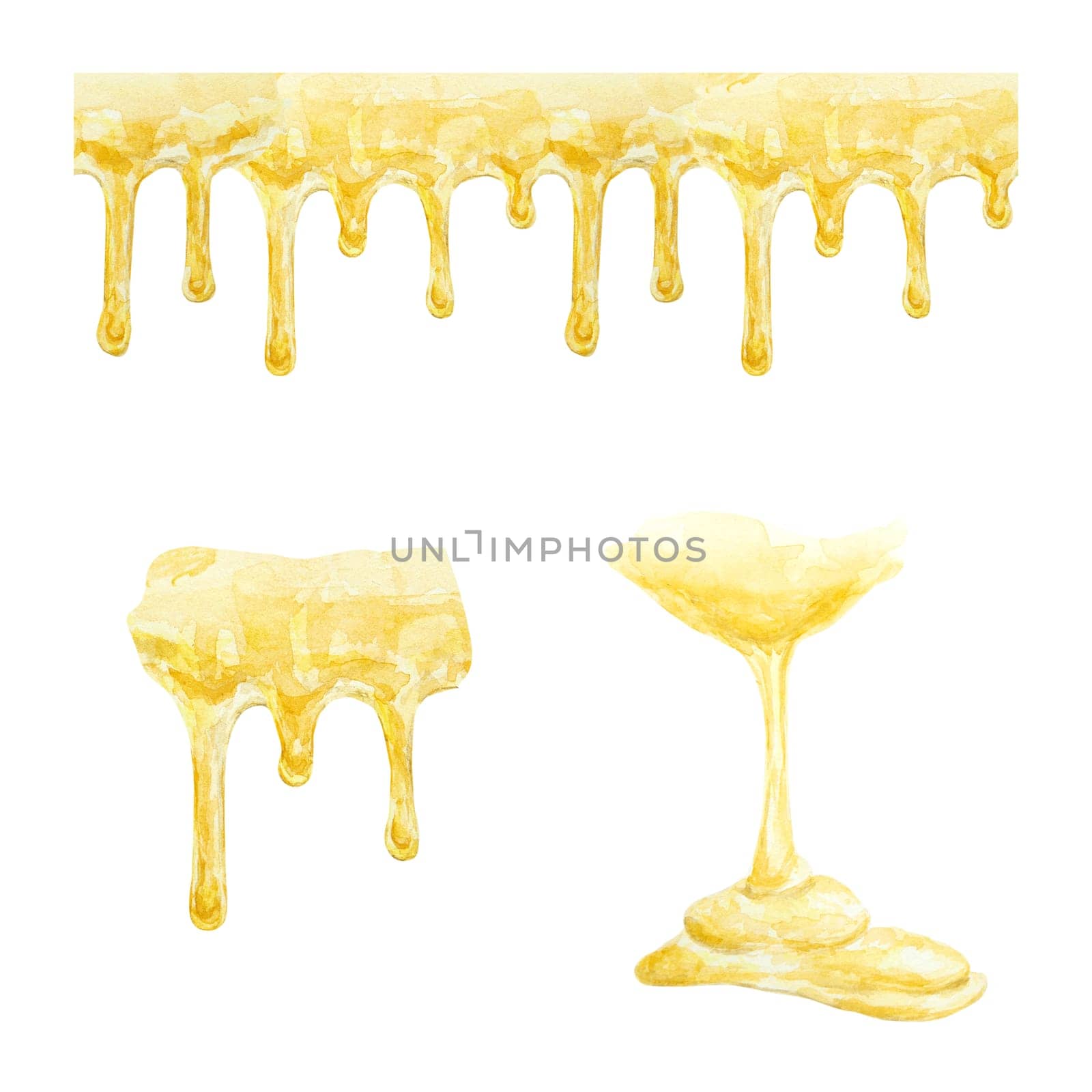 Watercolor illustration of bee and honey. Hand drawn and isolated on white background. Great for printing on fabric, postcards, invitations, menus, cosmetics, cooking books and more.