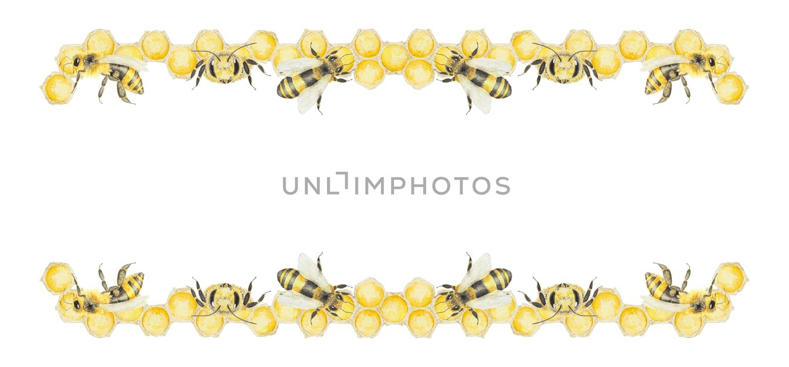 Watercolor illustration of honey and bees. Hand drawn painting isolated on white background. Great for printing on postcards, invitations, menus, cosmetics, cooking books and others.