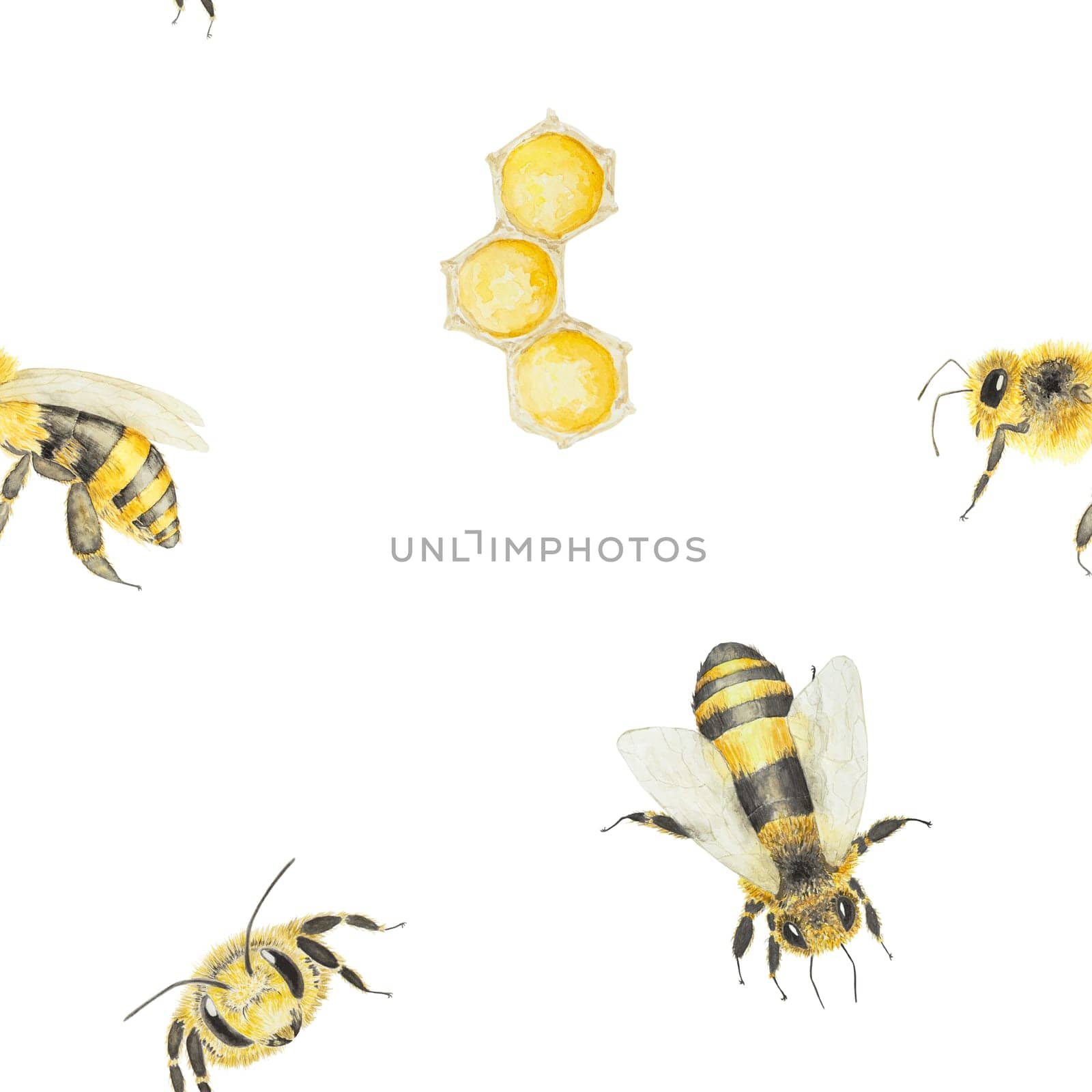 Watercolor pattern of honey and bees. Hand drawn and isolated on white background. Great for printing on fabric, postcards, invitations, menus, cosmetics, cooking books and others.