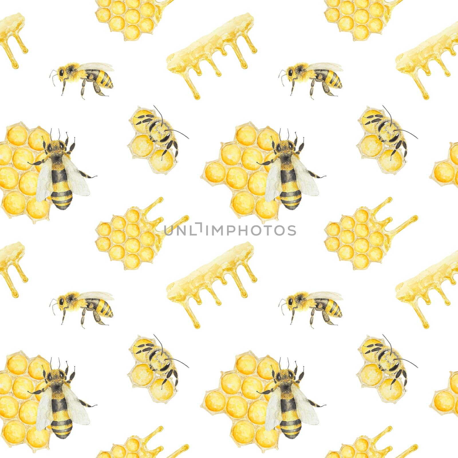 Watercolor pattern of honey and bees. Hand drawn and isolated on white background. Great for printing on fabric, postcards, invitations, menus, cosmetics, cooking books and others.