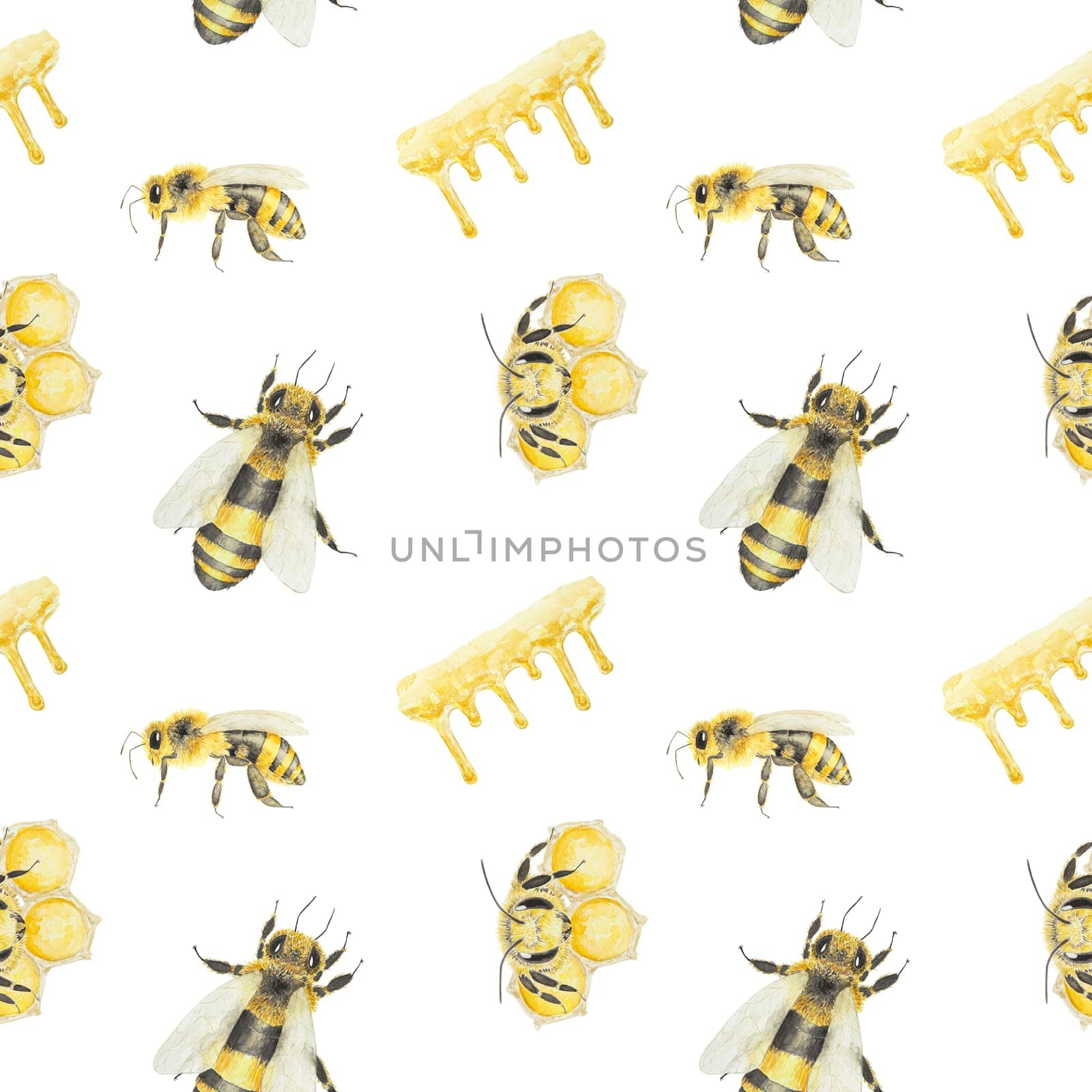 Watercolor pattern of honey and bees. Hand drawn and isolated on white background. Great for printing on fabric, postcards, invitations, menus, cosmetics, cooking books and others.