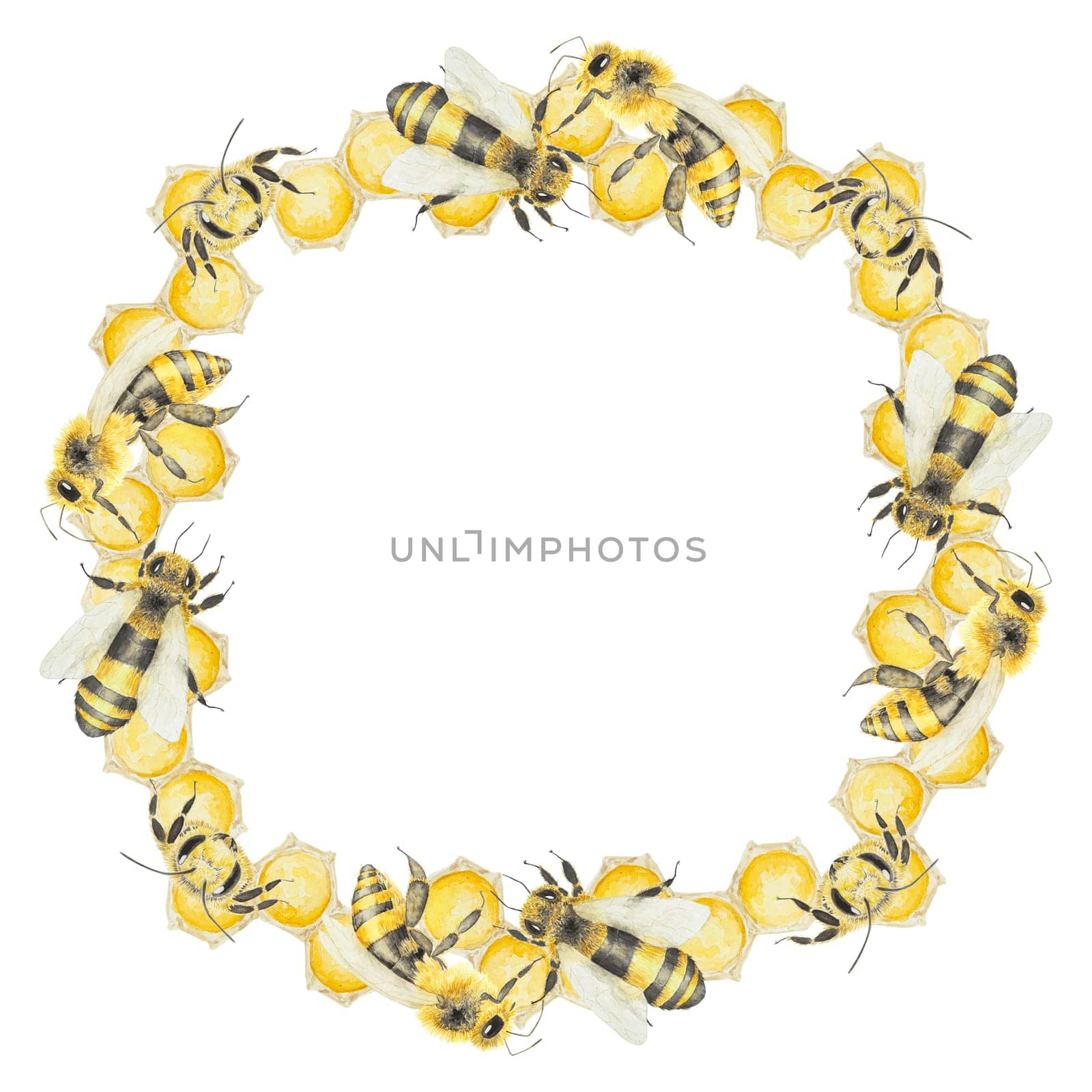 Watercolor illustration of honey and bees. Hand drawn painting isolated on white background. Great for printing on postcards, invitations, menus, cosmetics, cooking books and others.