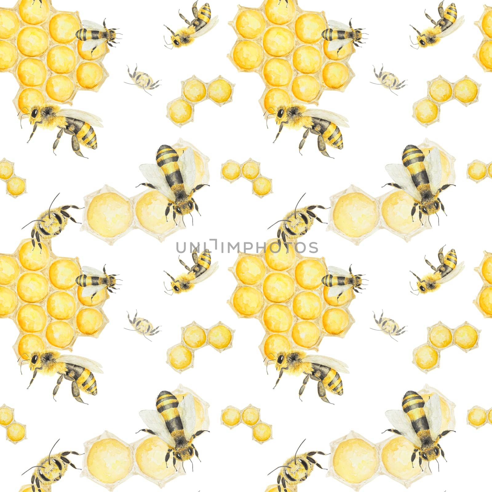 Watercolor pattern of honey and bees. Hand drawn and isolated on white background. Great for printing on fabric, postcards, invitations, menus, cosmetics, cooking books and others.