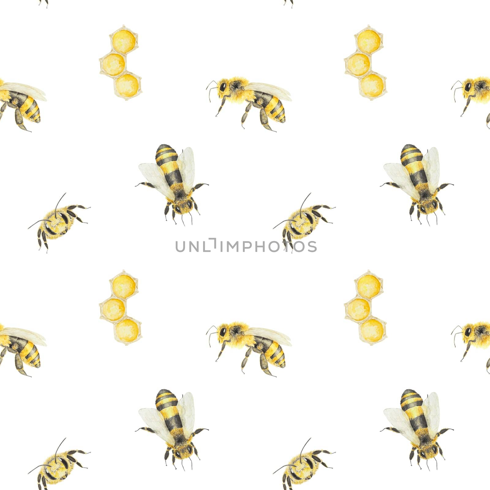 Watercolor pattern of honey and bees. Hand drawn and isolated on white background. Great for printing on fabric, postcards, invitations, menus, cosmetics, cooking books and others.