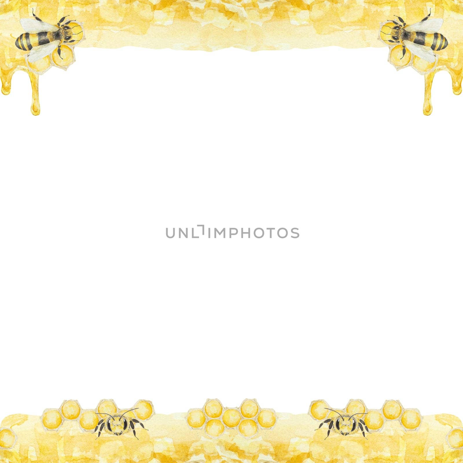 Watercolor illustration of honey and bees. Hand drawn painting isolated on white background. Great for printing on postcards, invitations, menus, cosmetics, cooking books and others.