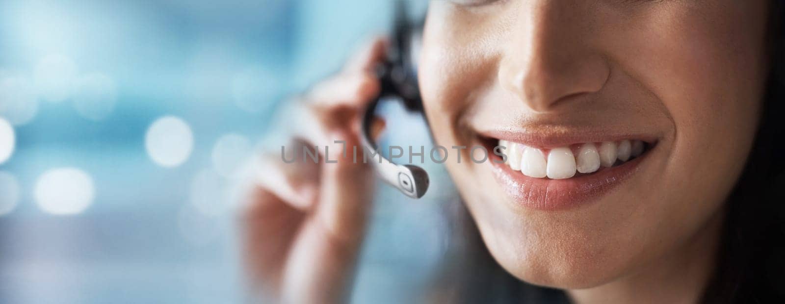 Microphone, mockup or happy consultant in call center helping, talking or networking online. Mouth zoom, woman or insurance agent in communication smiles with pride at customer services or sales job.