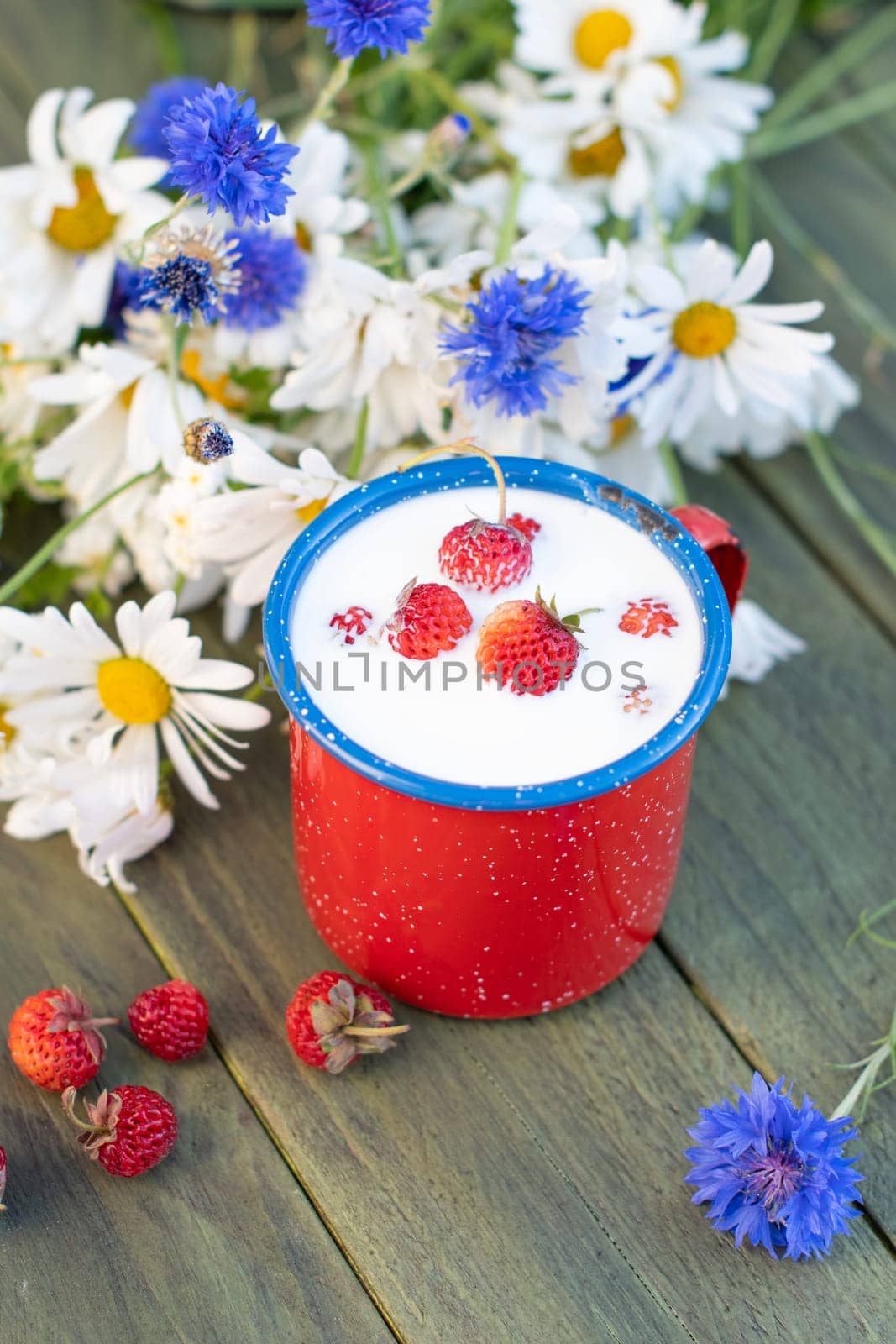 Fresh Strawberry with cold milk in red mug on wild flowers background,childhood nostalgia Healthy fruit dessert, food and drink, High quality photo
