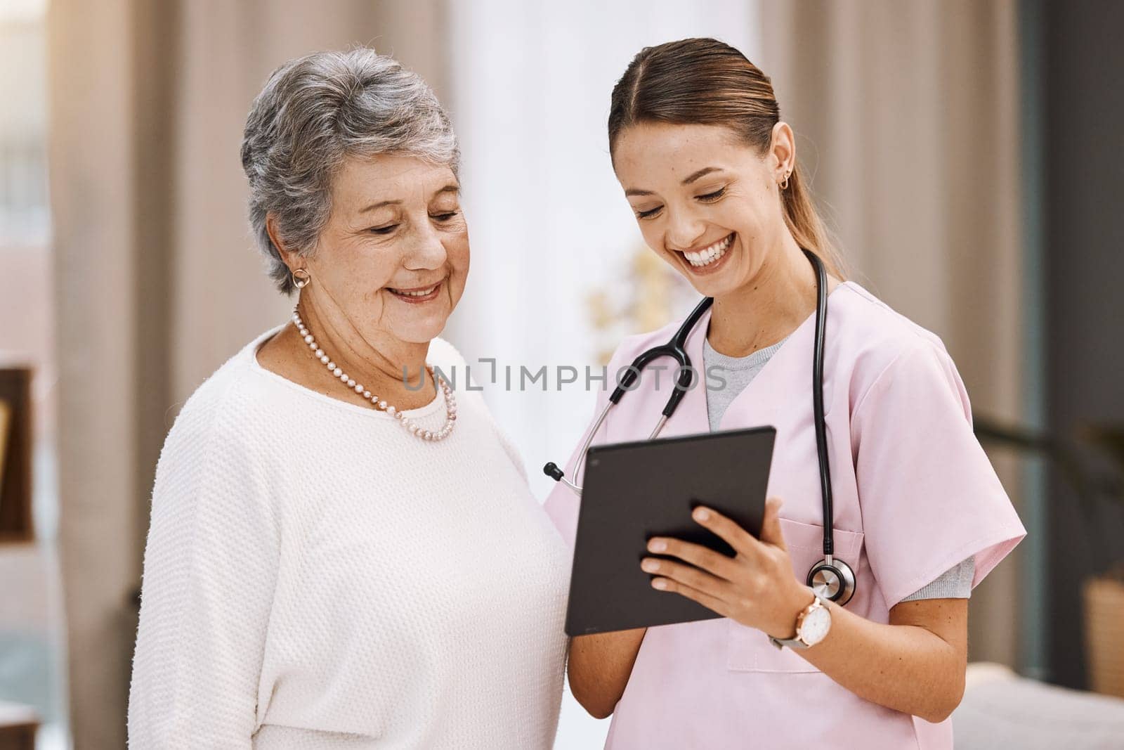 Tablet, healthcare and nurse with senior woman for digital help, support or wellness check, data and results together with smile. Happy elderly patient in communication with medical worker or doctor by YuriArcurs