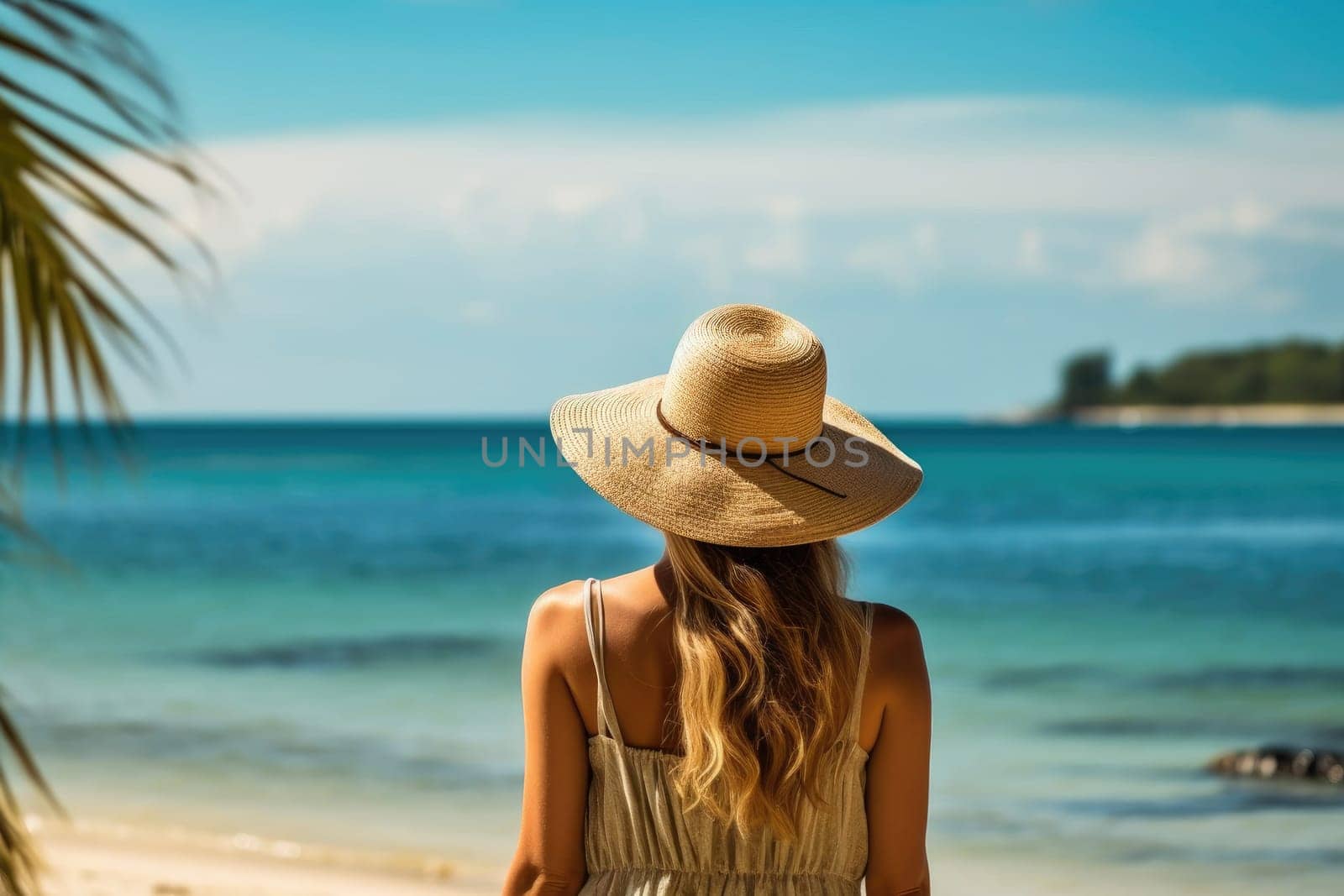 Back view young happiness traveller woman standing on beautiful sandy beach. ai generated