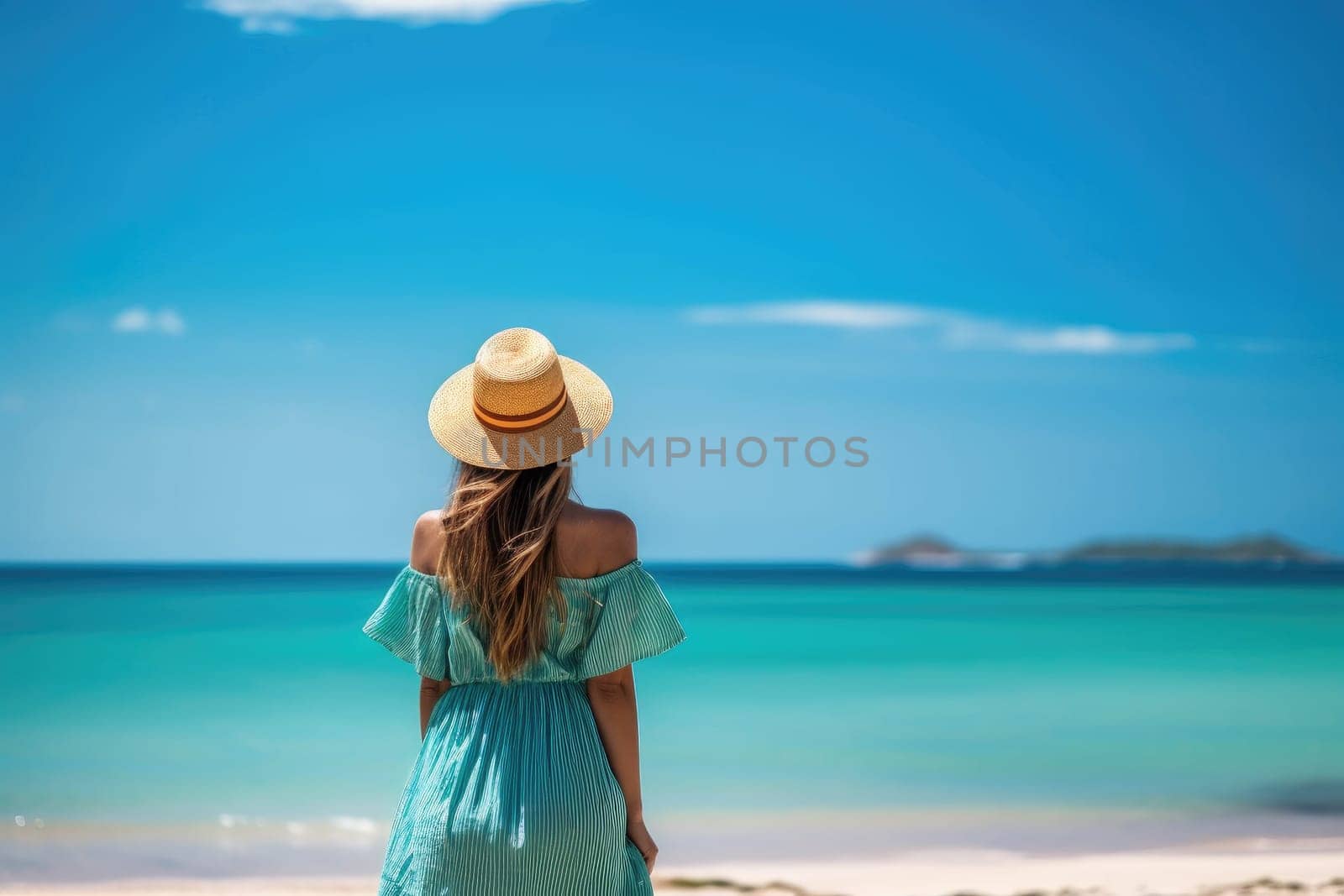 Back view young happiness traveller woman standing on beautiful sandy beach, ai generated by Desperada