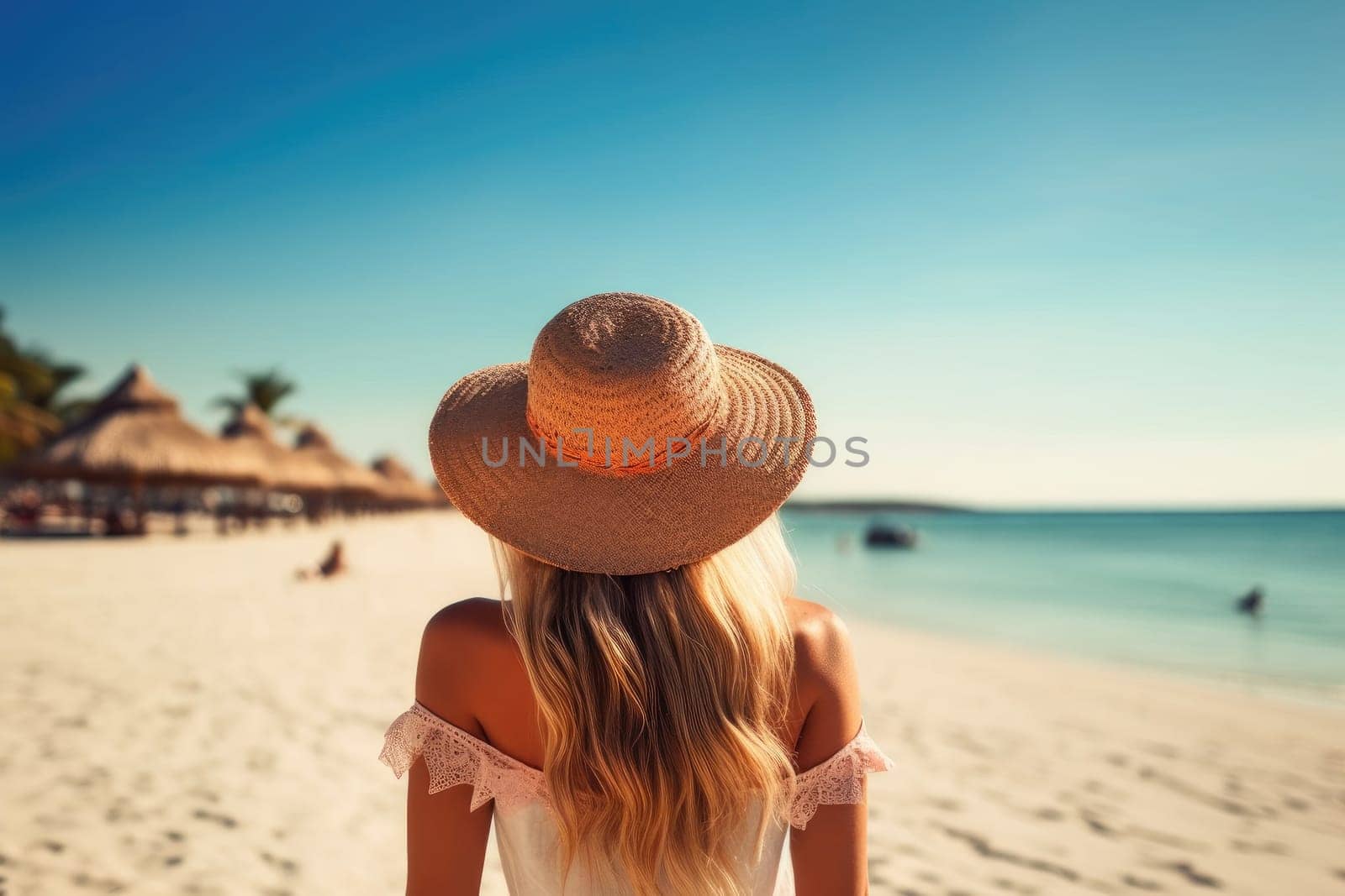 Back view young happiness traveller woman standing on beautiful sandy beach, ai generated by Desperada