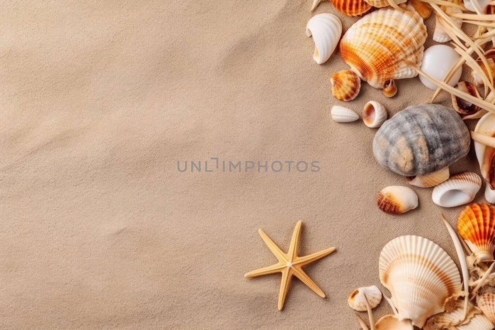 Sea shells with sand as background. Summer beach, ai generated by Desperada