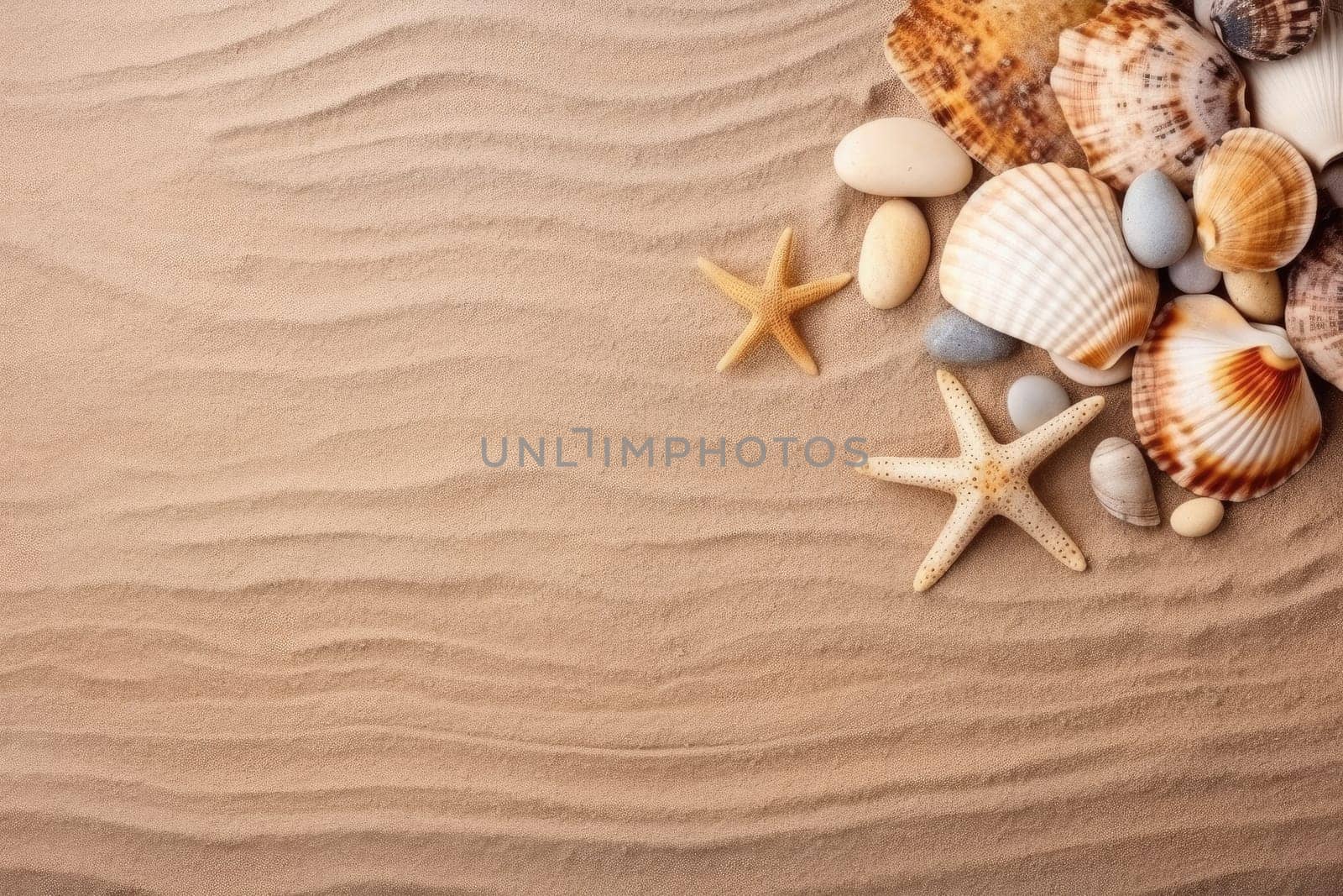 Sea shells with sand as background. Summer beach, ai generated by Desperada