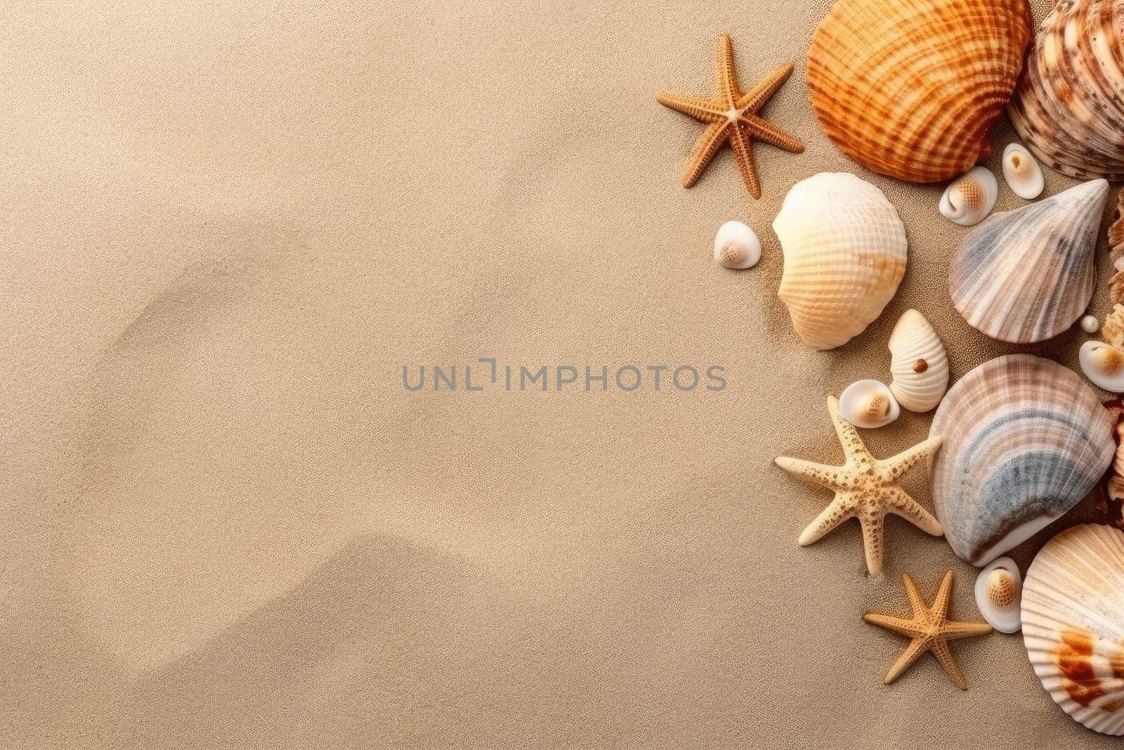 Sea shells with sand as background. Summer beach. ai generated