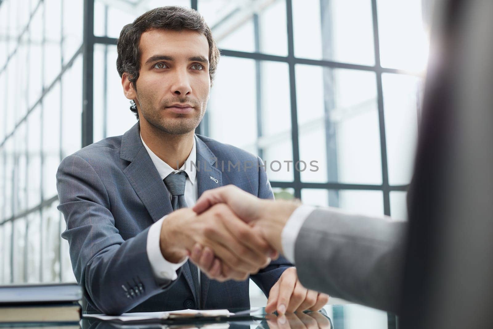 young businessman shaking hands with his partner