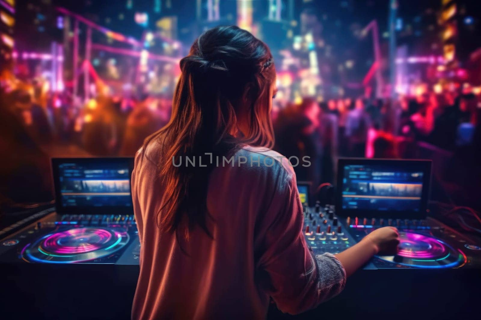 Night club, nightlife concept. DJ hands hold microphone and mixing DJ remote. Neon light, ai generated by Desperada