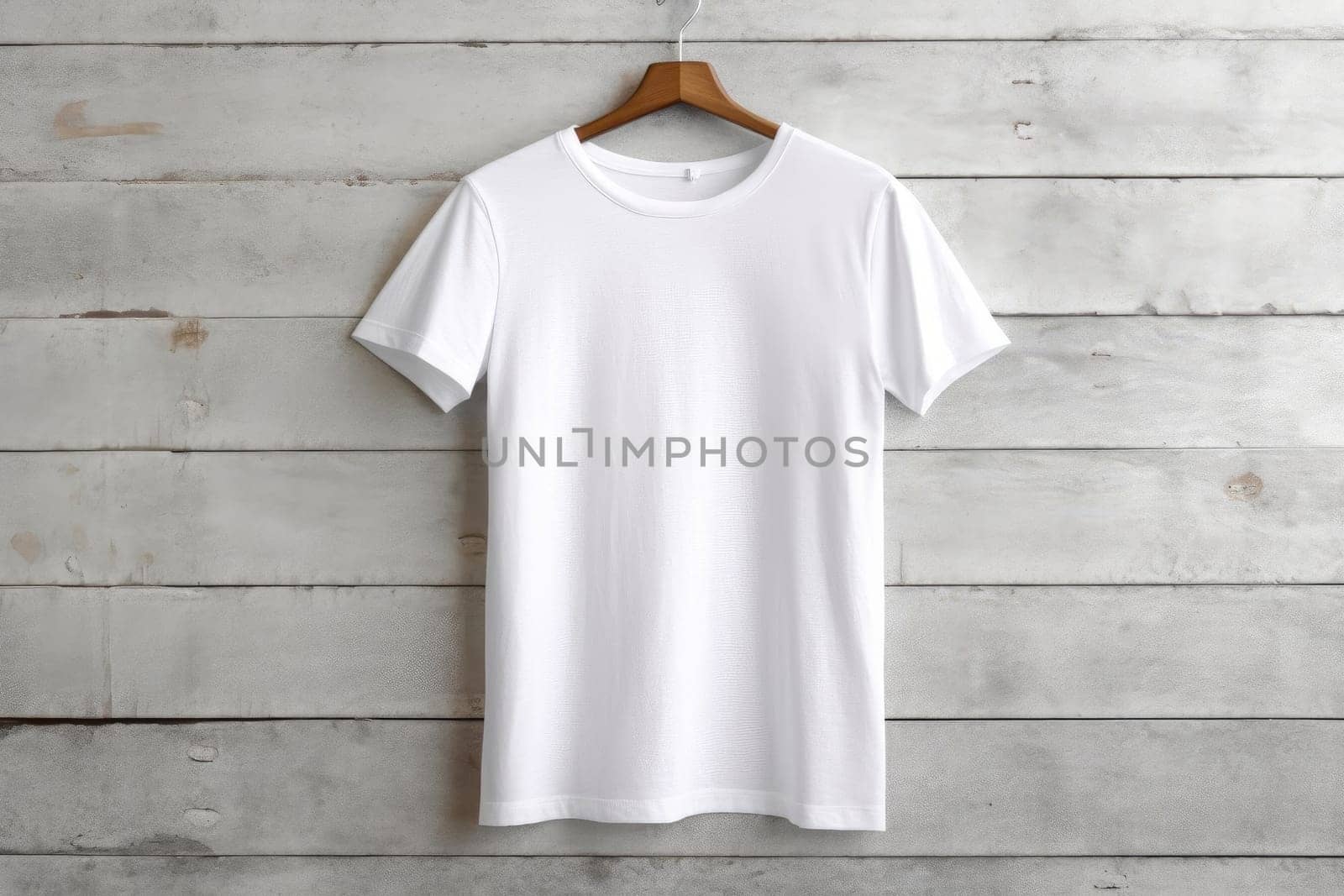 white t-shirt on wooden hanger. White tshirt mockup template. ai generated