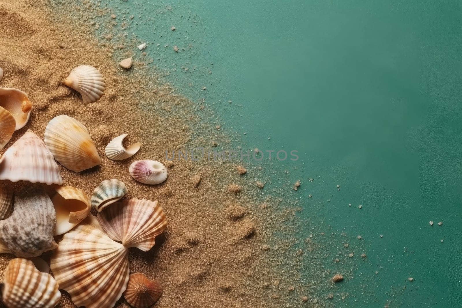 Sea shells with sand as background. Summer beach, ai generated by Desperada