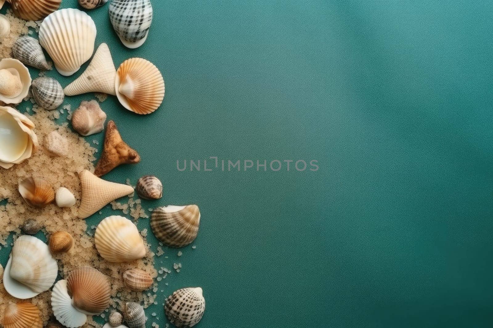 Sea shells with sand as background. Summer beach, ai generated by Desperada