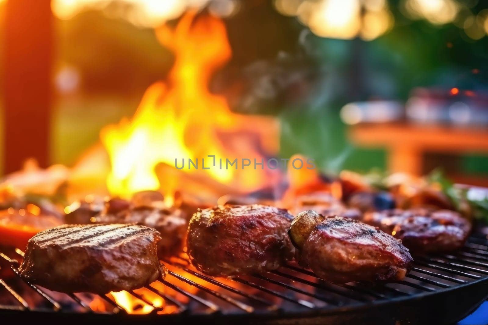 grilling lamb ribs on hot flame , barbecue cooking in evening and sunset, ai generated by Desperada