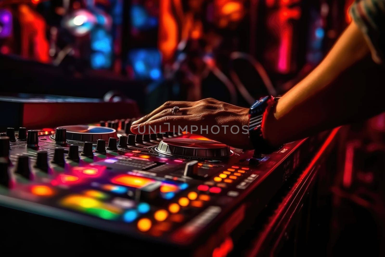 Night club, nightlife concept. DJ hands hold microphone and mixing DJ remote. Neon light, ai generated by Desperada