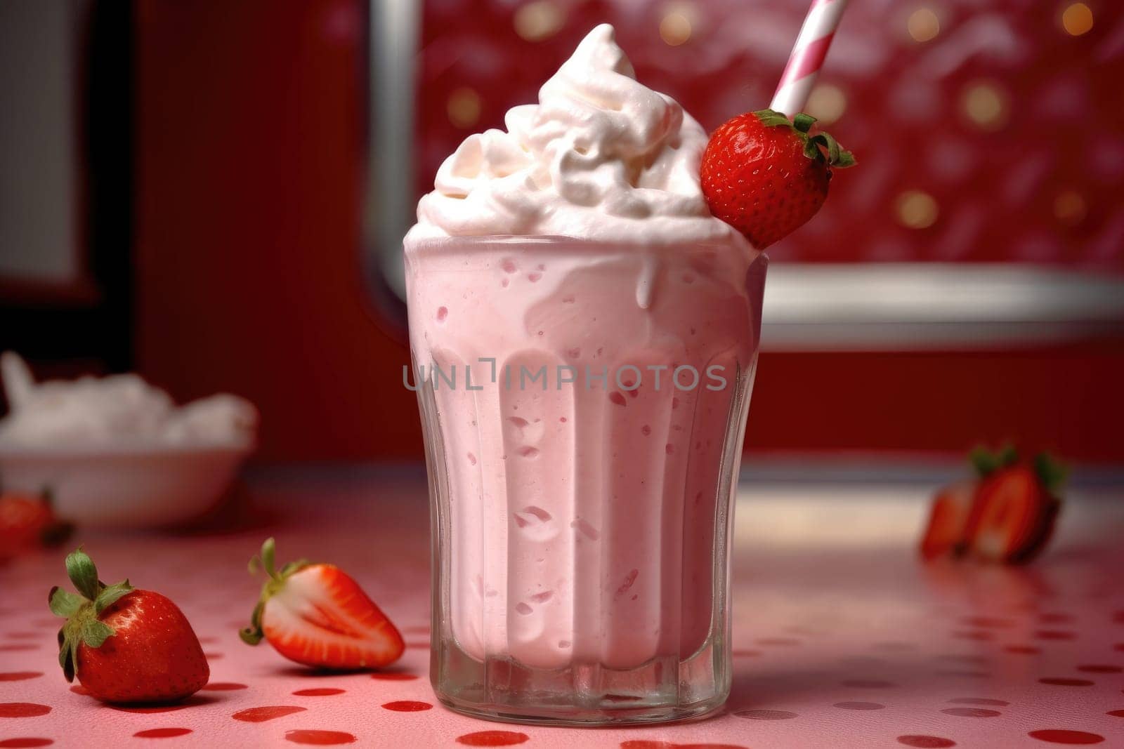 Delicious sweet strawberry milkshake in glass jar with cream on pink background ai generated by Desperada