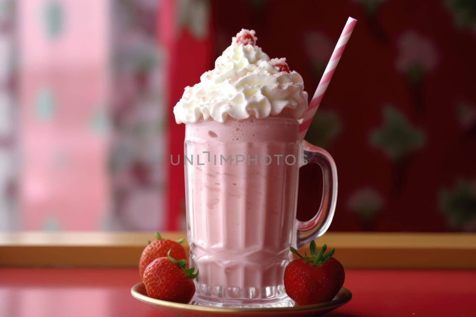 Delicious sweet strawberry milkshake in glass jar with cream on pink background. ai generated