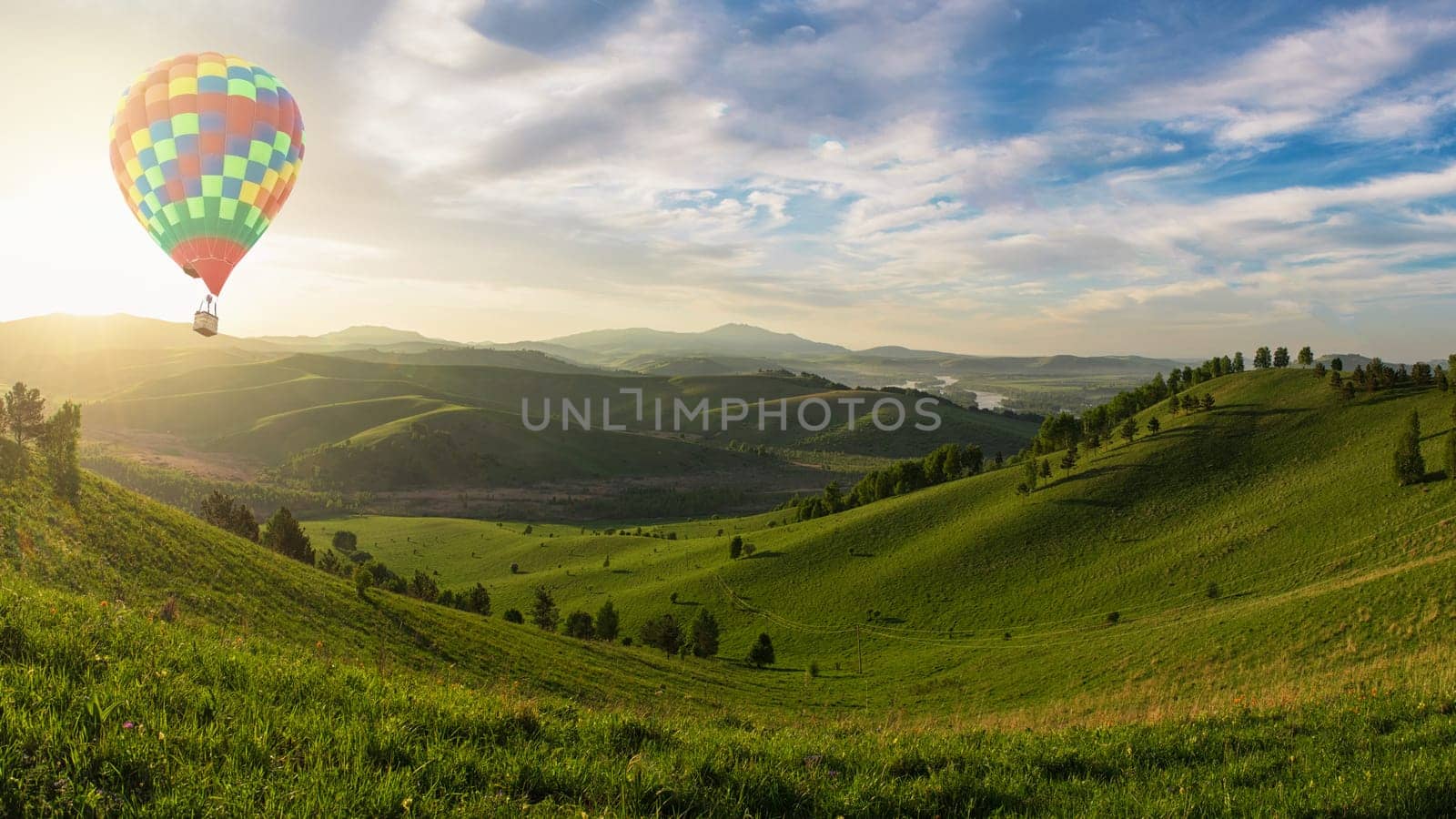 Beauty dawn on the beauty valleys, balloon, in the mountains in Altay