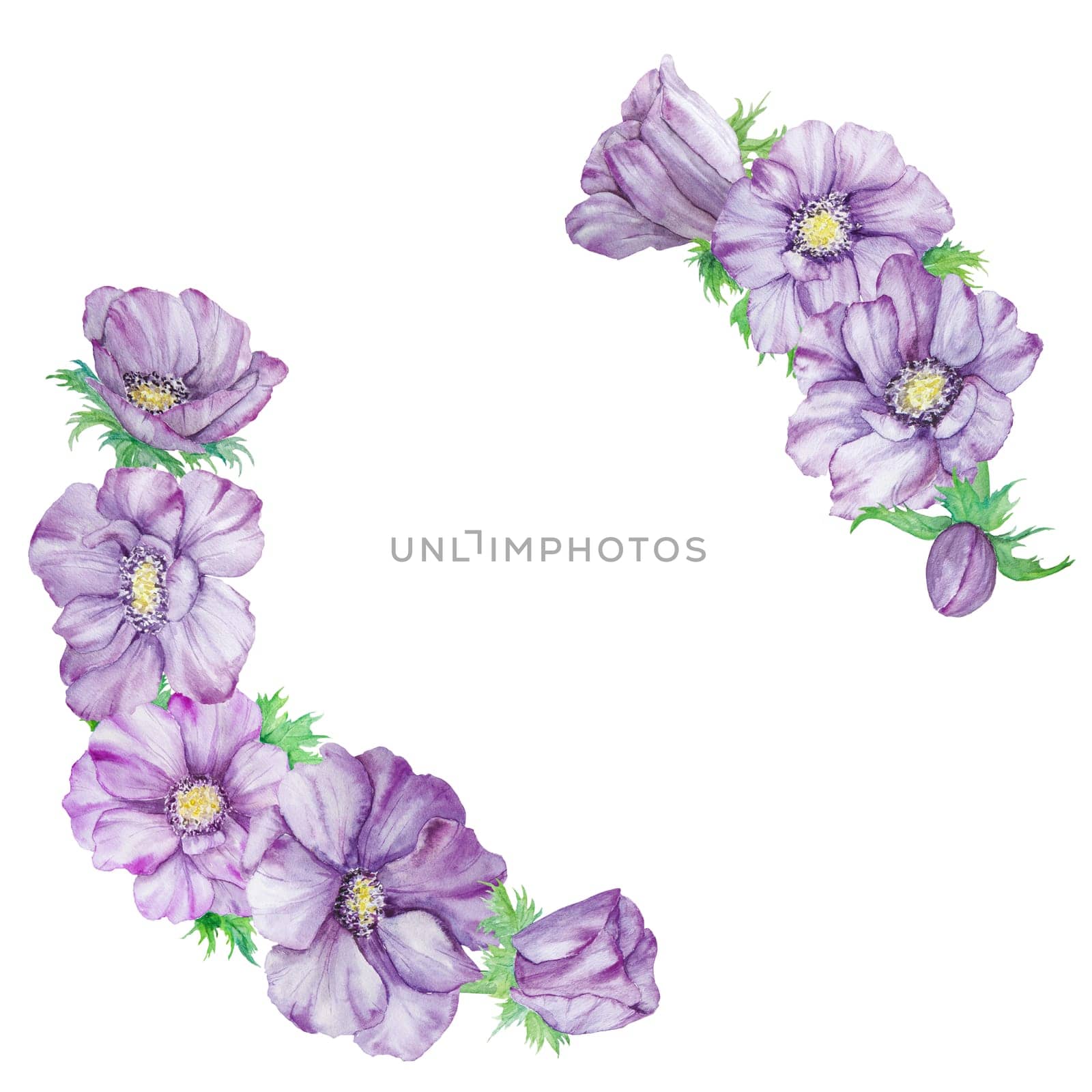 Watercolor hand drawn wreath of purple anemones with green leaves isolated on white background. by florainlove_art