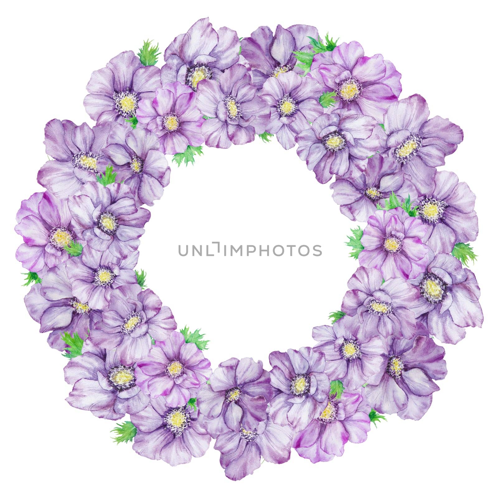 Watercolor hand drawn wreath of purple anemones with green leaves isolated on white background. by florainlove_art