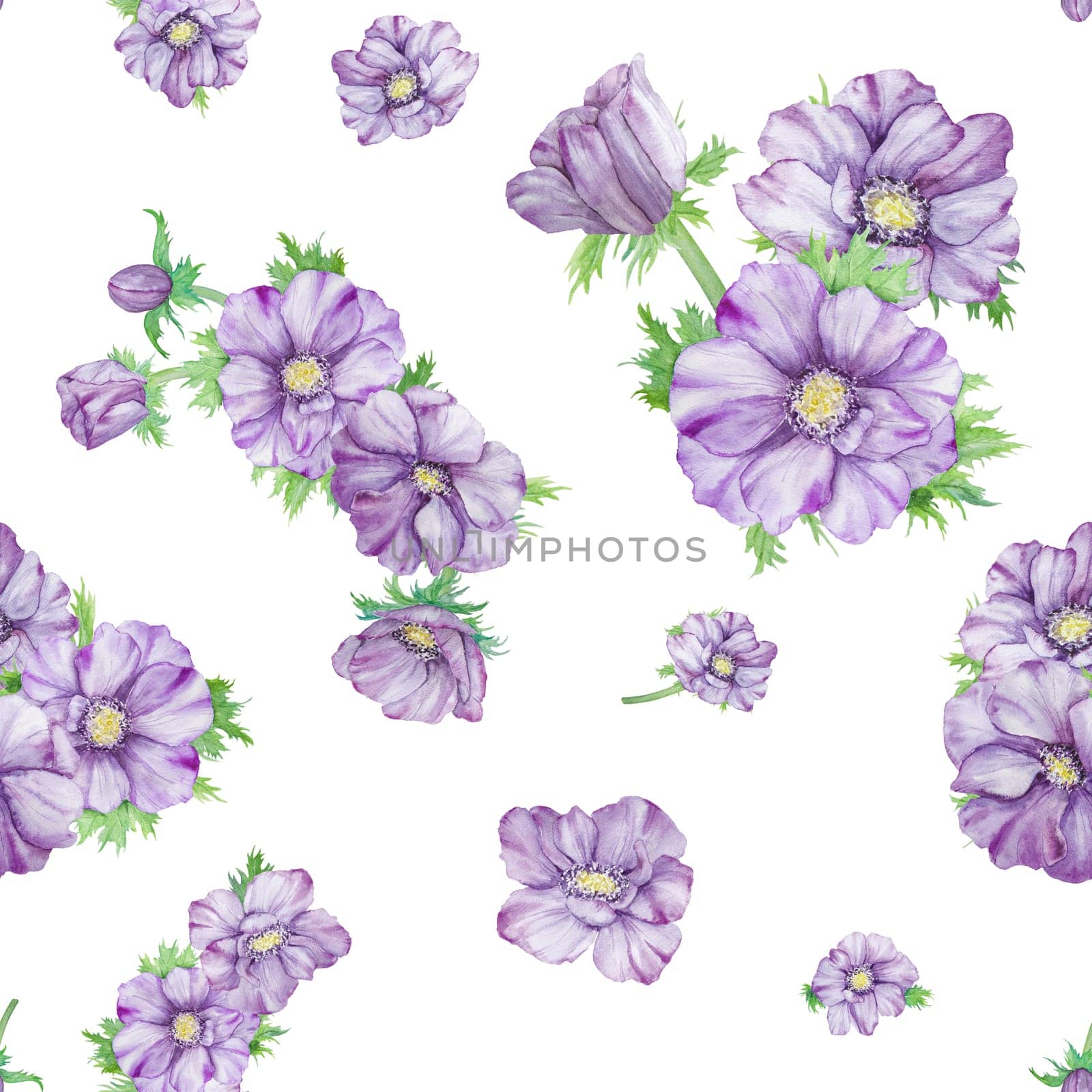 Watercolor hand drawn seamless pattern of purple anemones with green leaves isolated on white background. by florainlove_art