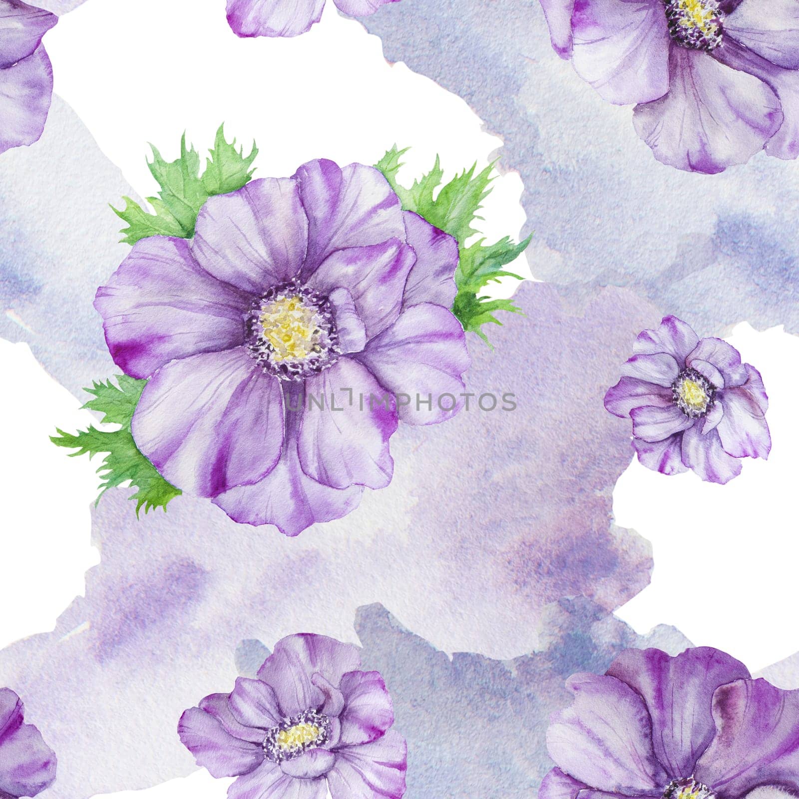 Watercolor hand drawn seamless pattern of purple anemones with green leaves isolated on white background. Great paper, wallpaper, wedding invitations, menu, labels, textile, paper