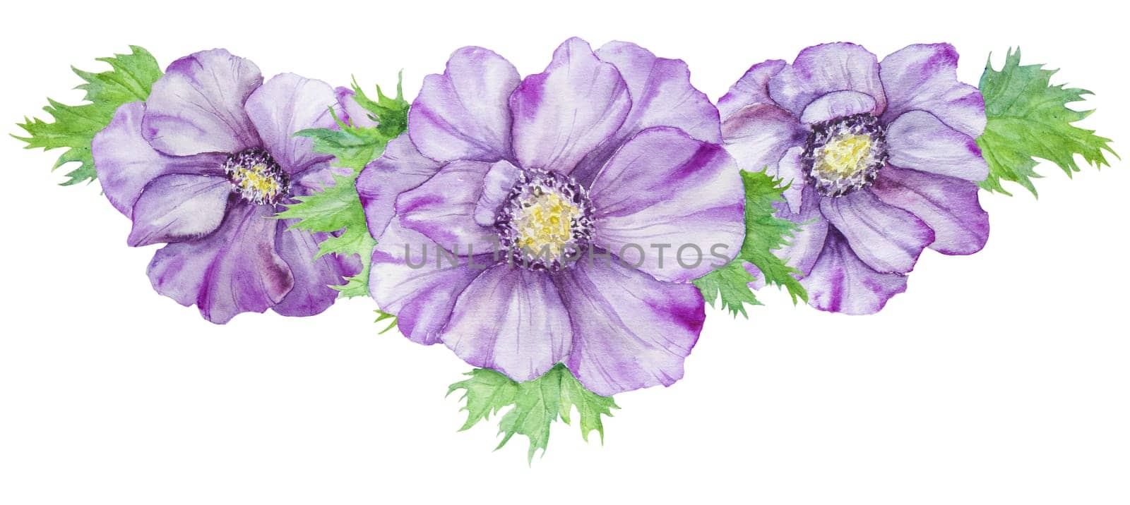 Hand drawn watercolor set of purple anemones with green leaves. Spring compositioin for wedding invitations, greeting cards by florainlove_art