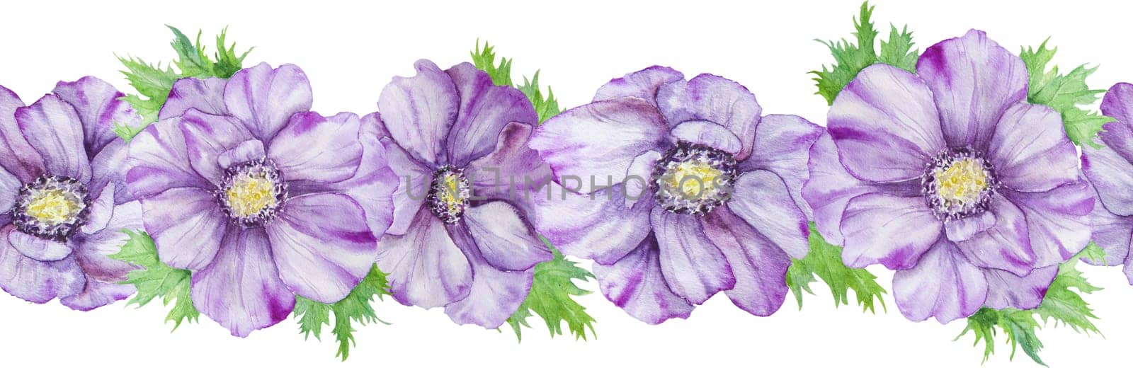 Hand drawn watercolor seamless border of purple anemones with green leaves. Spring compositioin for wedding invitations, greeting cards by florainlove_art