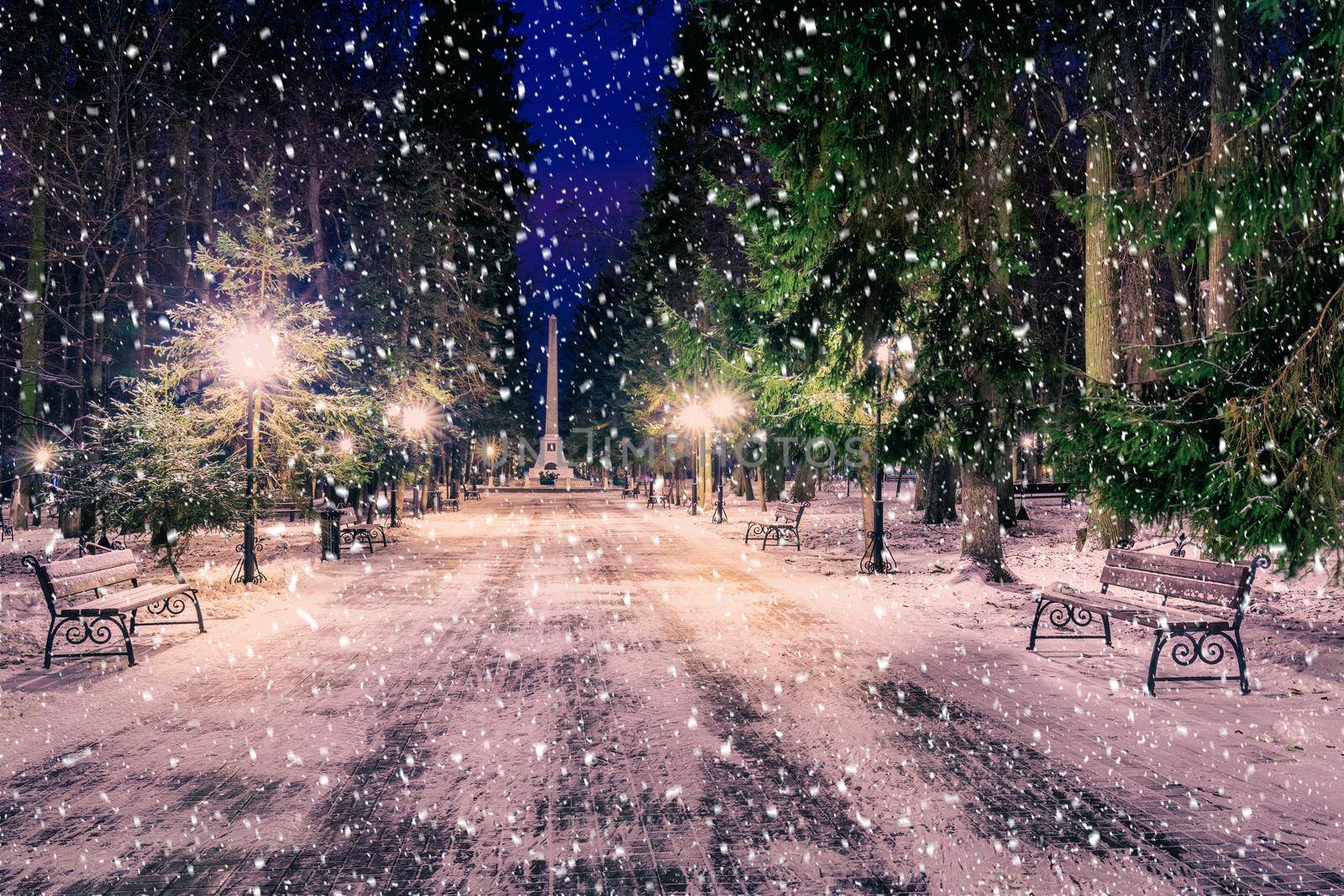 Snowfall in a winter park at night with christmas decorations, lights and  pavement covered with snow. Falling snow.