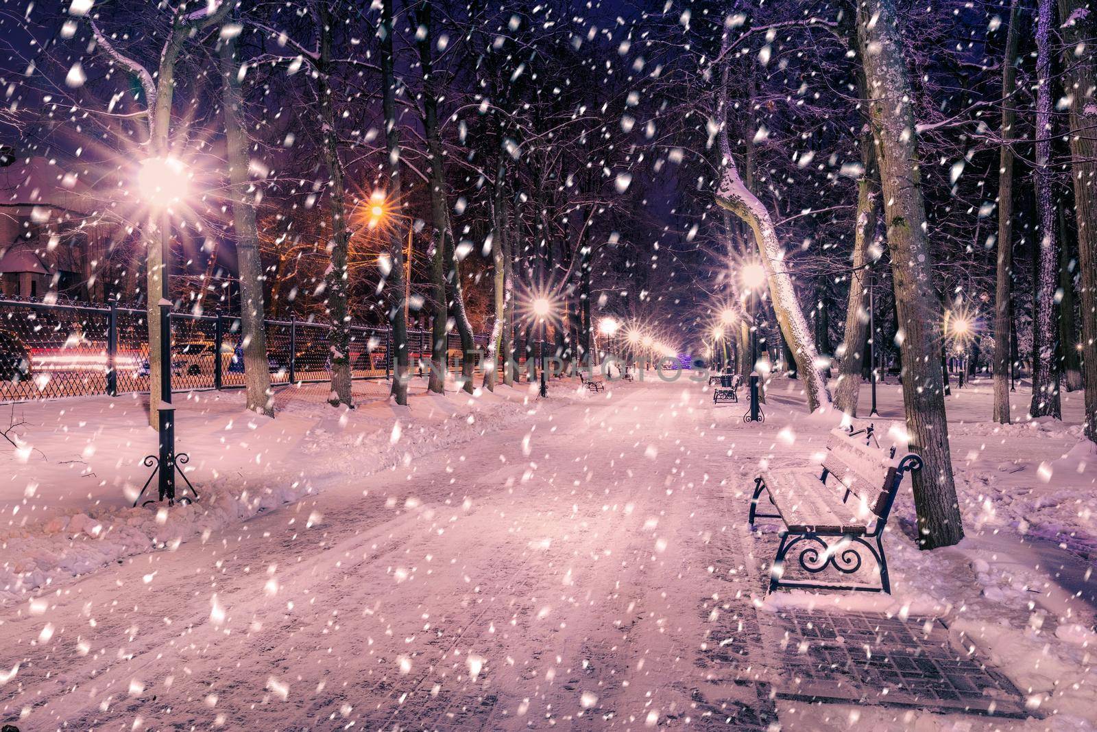 Snowfall in a winter park at night with christmas decorations, lights and  pavement covered with snow. Falling snow.