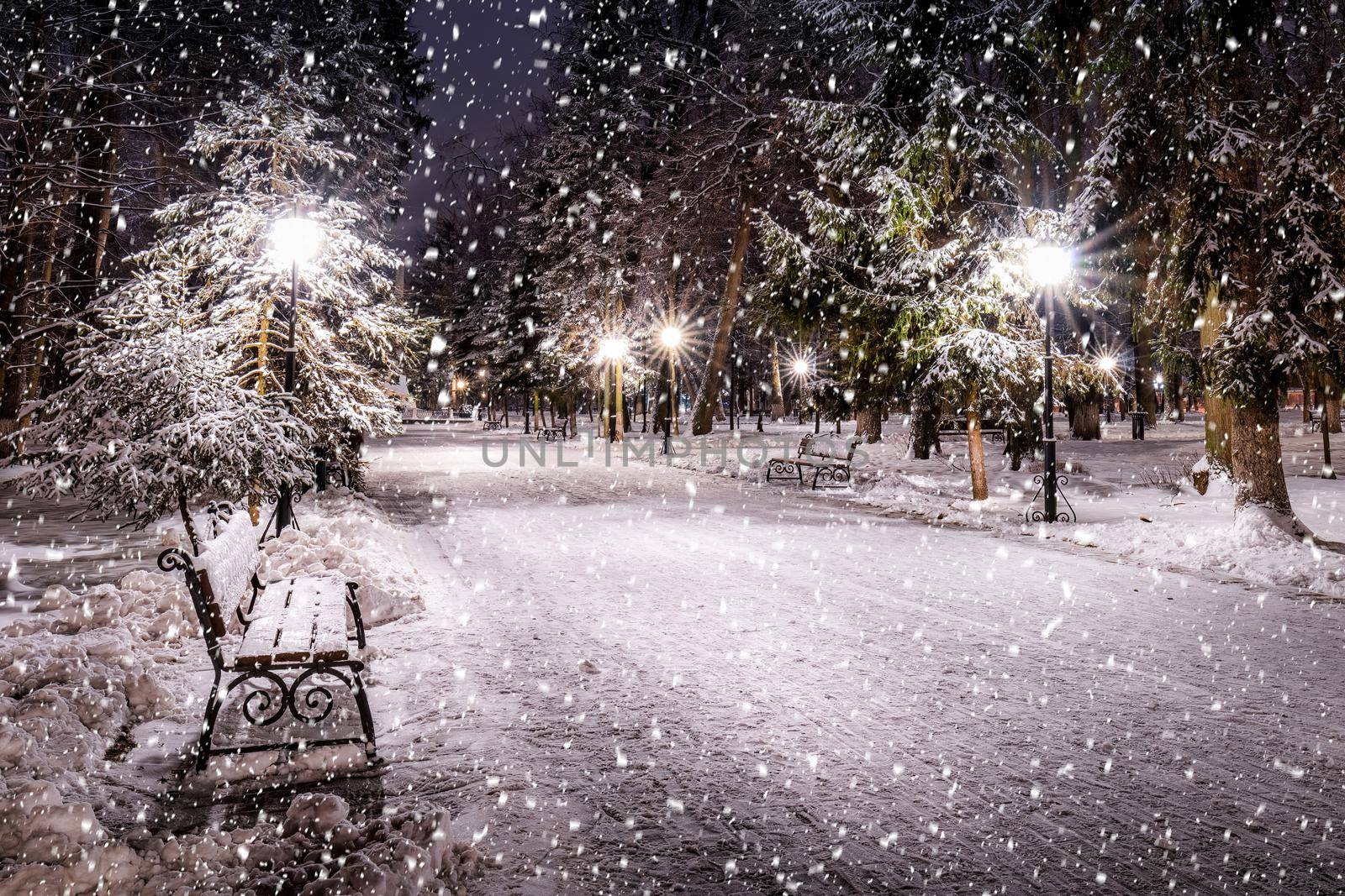 Snowfall in a winter park at night with christmas decorations, lights and  pavement covered with snow. Falling snow.